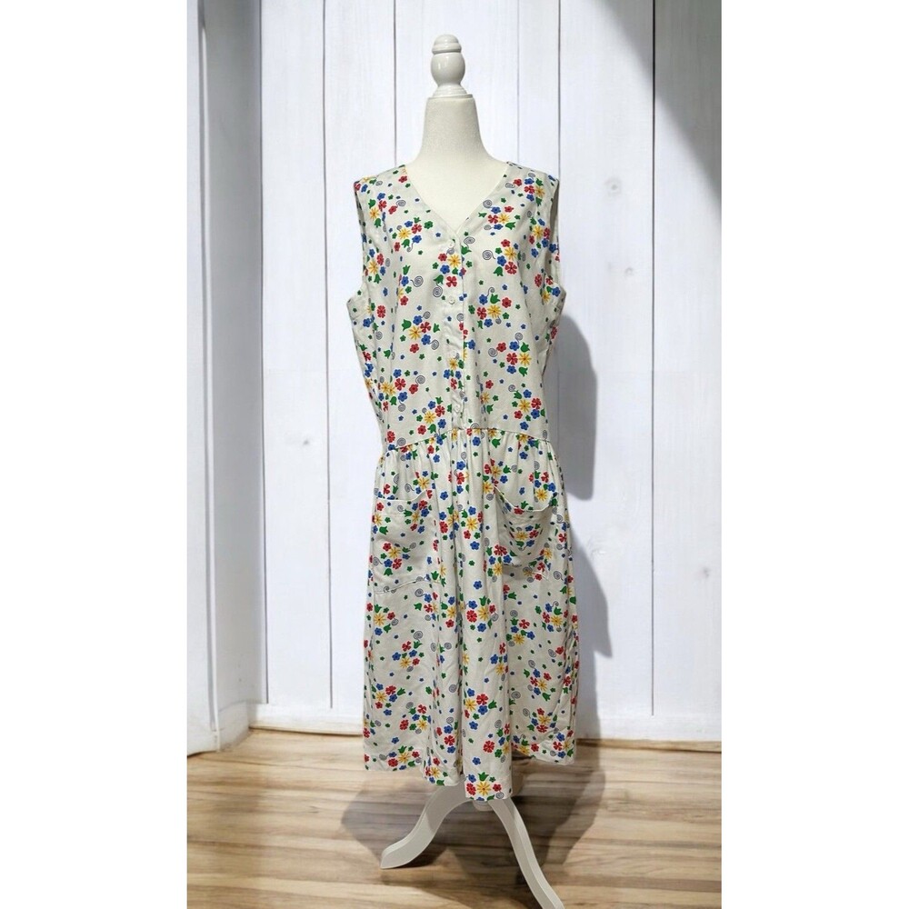 Vintage Prairie Dress Sz L/XL Flower Buttons Cute 60s Sleeveless 1960s Colorful